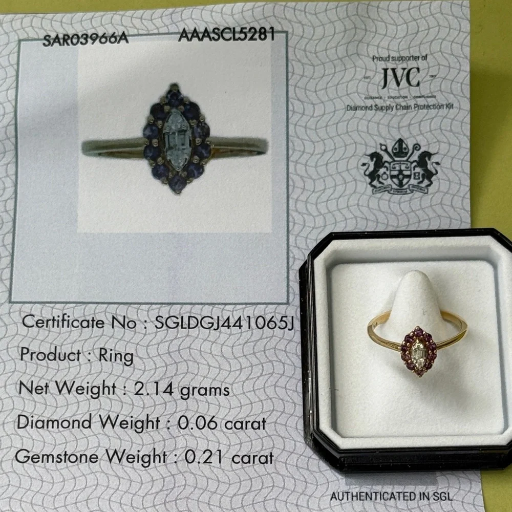 New in box 18K Gold Natural Diamonds and Natural Amethyst Gemstone Ring